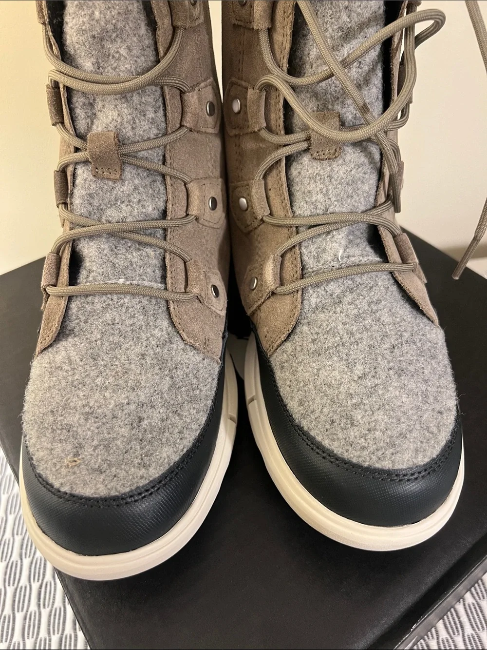 Sorel Taupe Suede and Grey Wool Lace-Up Winter Boots